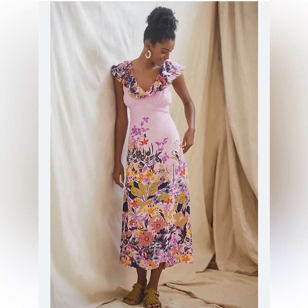 Anthropologie Pink Floral Maxi Dress